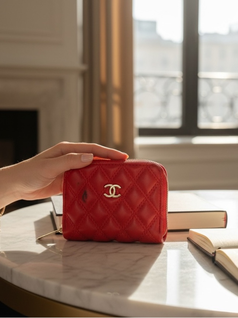 CHANEL Red Quilted Lambskin Zip Card Coin Wallet with Gold CC
